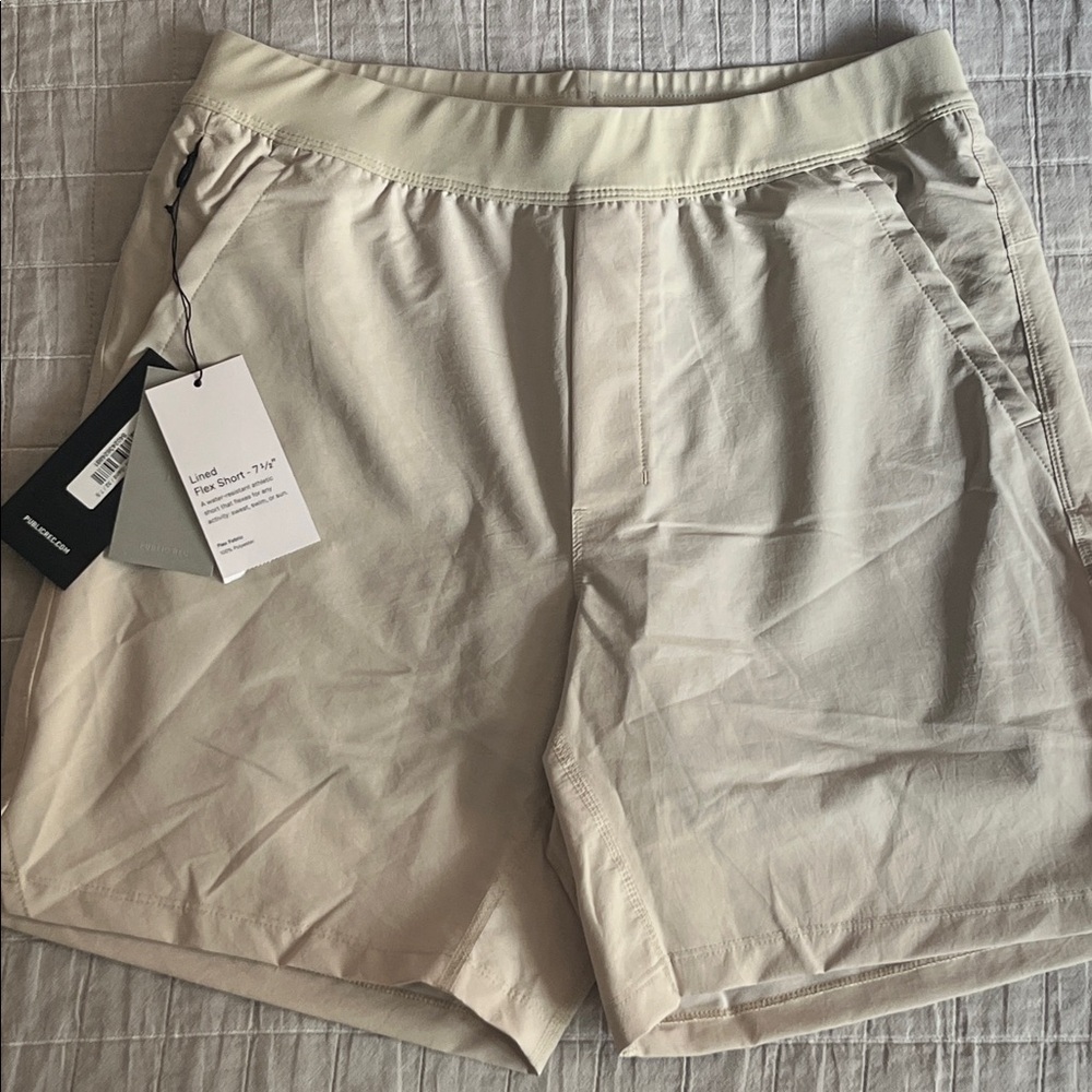NWT Public Rec Beige Lined Flex Athletic Shorts; 32” waist, swim or street